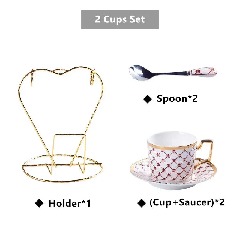 Gold heart-shaped metal cup holder with twisted wire design for nordic navy and gold bone china coffee set