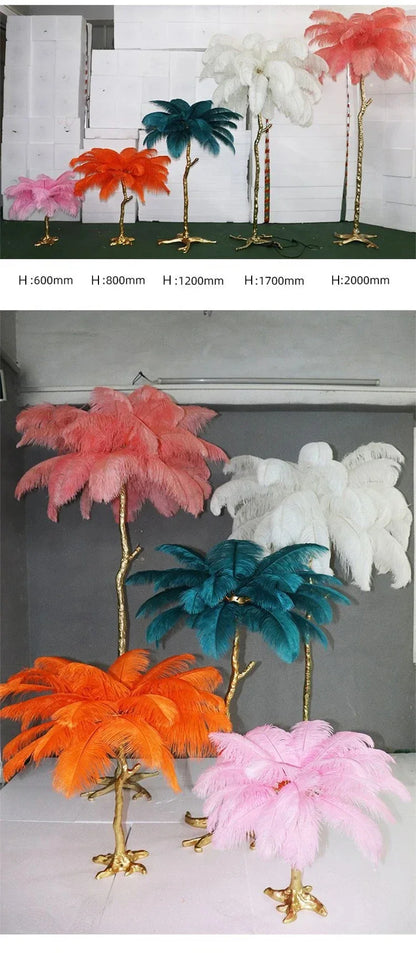 Nordic feather floor lamp with vibrant pink orange teal and white plumage and gold stems for living room decor