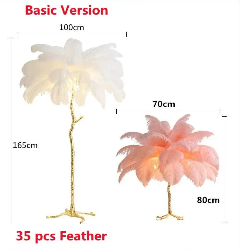 Nordic white and pink ostrich feather floor lamp with gold metal stem for living room sofa and bedroom decor lighting