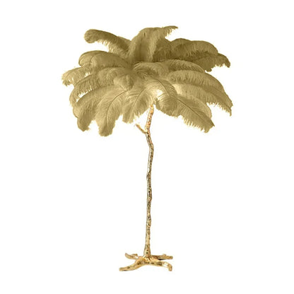 Golden feather floor lamp with slender textured stem and lush palm canopy for living room and bedroom decor