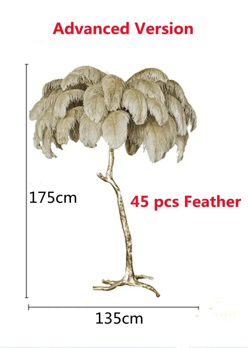 Tall elegant metallic gold feather floor lamp with 45 feathers for living room sofa background and home decor
