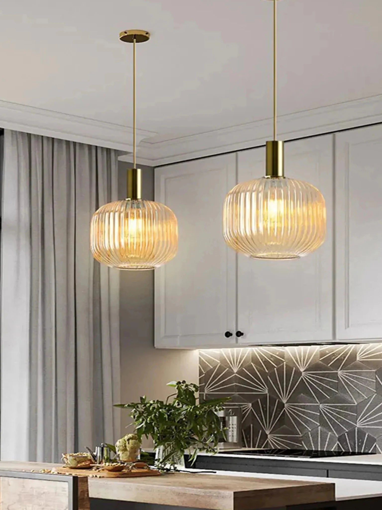 Nordic Ribbed Glass Pendant Light in Green, Grey or Amber - Decorbites
