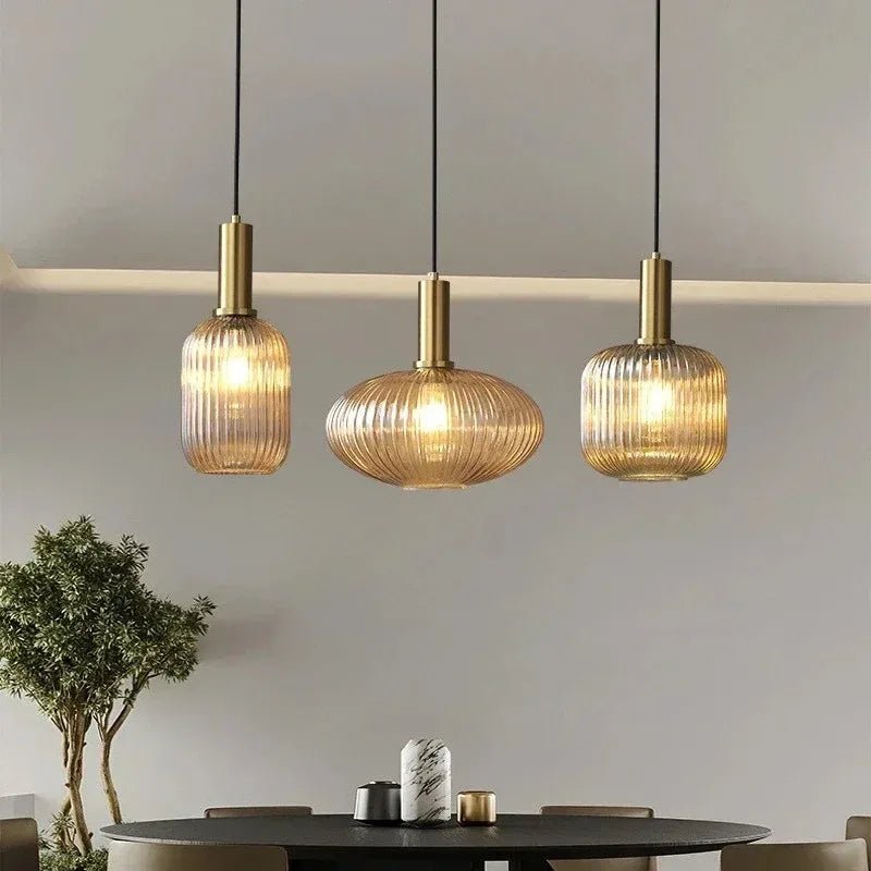 Nordic Ribbed Glass Pendant Light in Green, Grey or Amber - Decorbites