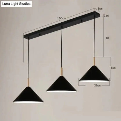 Black conical nordic simple kitchen pendant light with wooden accents hanging from sleek black bar for modern kitchens