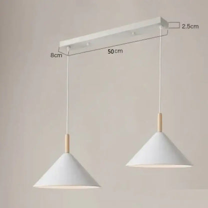 White conical matte black nordic simple kitchen pendant light with wooden accents hanging from rectangular mount