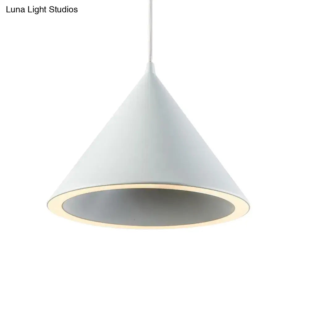 A sleek white conical pendant light with a matte finish and glowing rim for nordic stylish hanging lamp décor