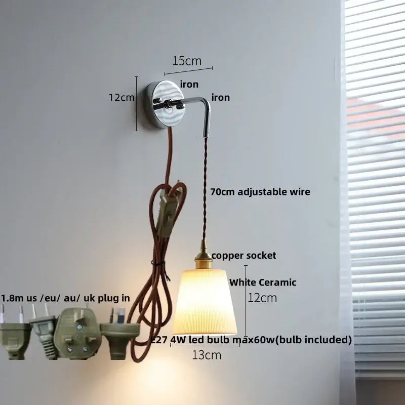Nordic sunset ceramic led wall light with white ceramic shade copper socket and adjustable brown cord for bedroom decorbites ceramic led