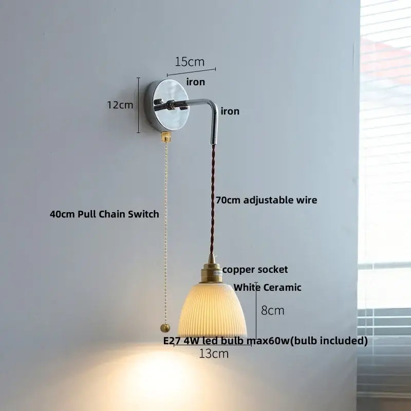 Nordic sunset ceramic led wall light with polished iron arm, white ridged ceramic lampshade, and adjustable copper socket