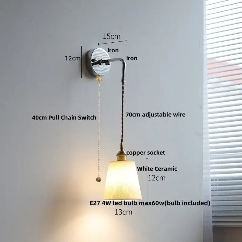 Minimalist nordic sunset glass ceramic led wall light with white ceramic shade brass accents and adjustable copper socket pull chain decorbites ceramic led wall