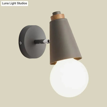 Gray nordic sweet cone wall light with cork accent and frosted glass bulb on bamboo base for bedroom use
