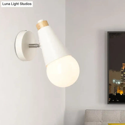 White nordic sweet cone wall light with wooden bamboo base and frosted glass bulb ideal for bedroom lighting