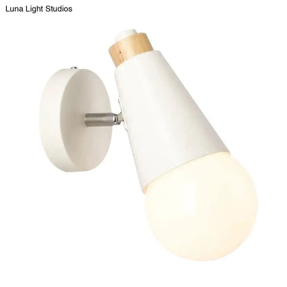 White conical nordic sweet cone wall light with wooden bamboo base and frosted glass bulb for bedroom use