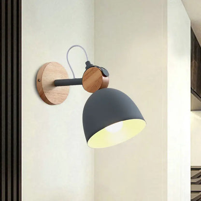 Nordic white and wood wall lamp with angle adjustable matte gray domed shade and natural wood accents for bedroom