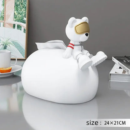 Nordic white ceramic bear statues tissue box holder with gold visor and red-striped sleeves for living room decor