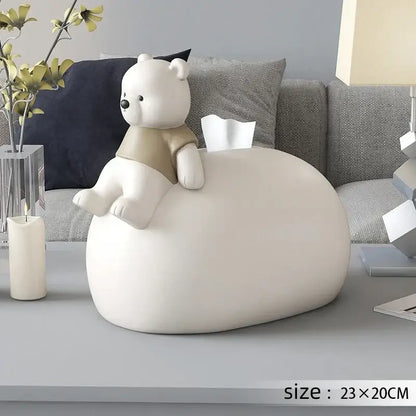 Nordic white ceramic bear statues tissue box holder with beige shirt and black nose on a rounded base for living room decor