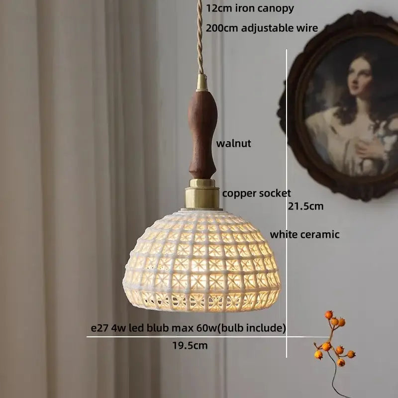 White ceramic pendant light with woven lattice design, walnut wood handle, and brass accents for dining room decorbites brown wood led
