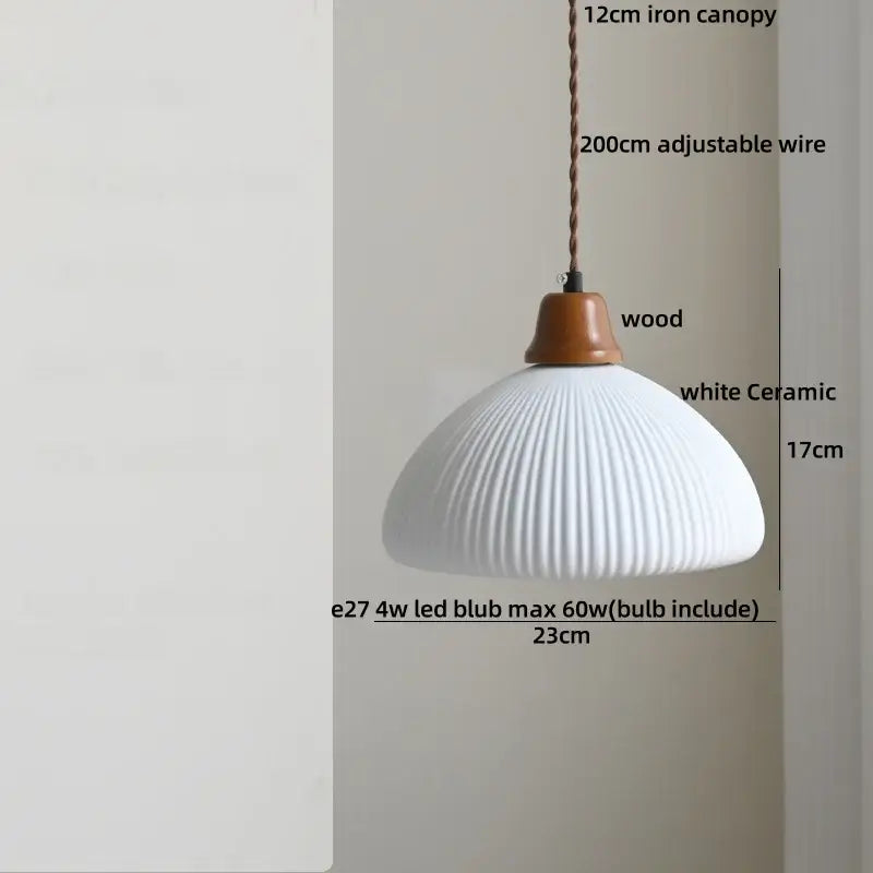 Nordic white glass pendant light with ribbed ceramic texture and brown wood led top cap for dining room decorbites brown wood