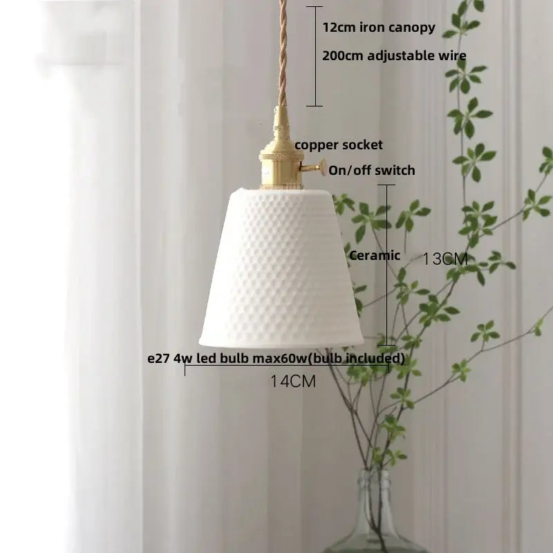 Nordic white ceramic pendant light with textured diamond-patterned shade and brass decorbites brown wood led components