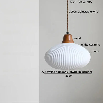 Nordic white glass and brown wood led pendant light with ribbed ceramic shade and braided iron canopy for dining room decorbites brown wood