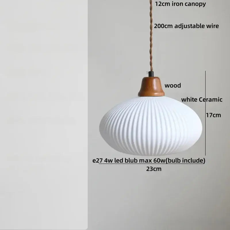 Nordic white glass and brown wood led pendant light with ribbed ceramic shade and braided iron canopy for dining room decorbites brown wood