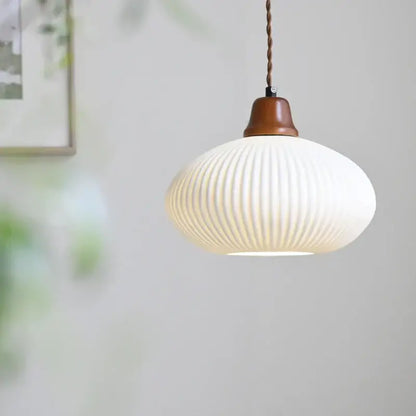 Nordic white glass pendant light with ribbed design and decorbites brown wood led top for dining room decor