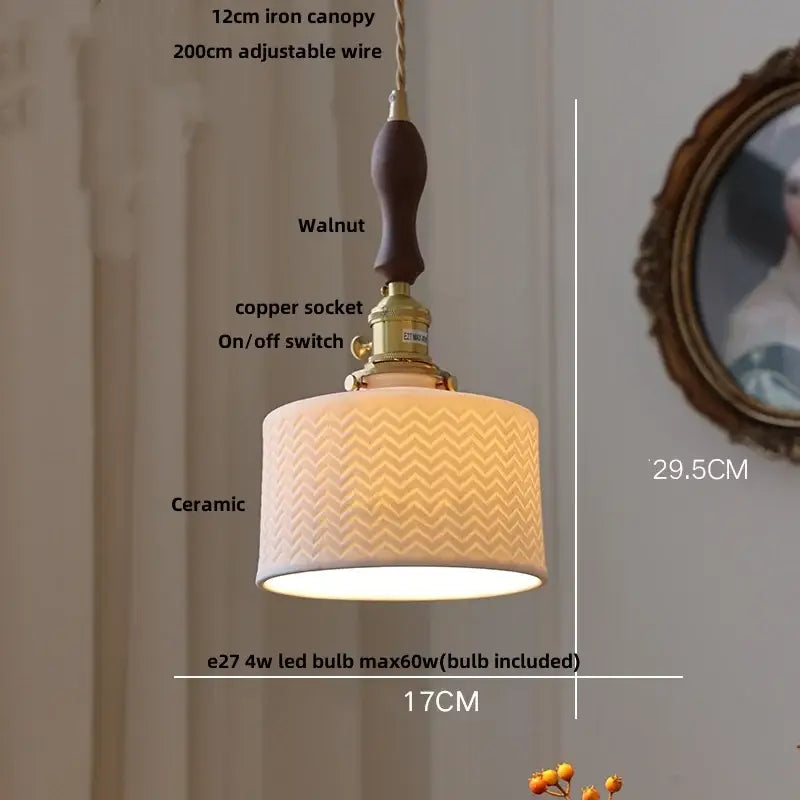 A warm-toned ceramic pendant light with chevron shade, walnut canopy, and brass hardware for decorbites brown wood led decor