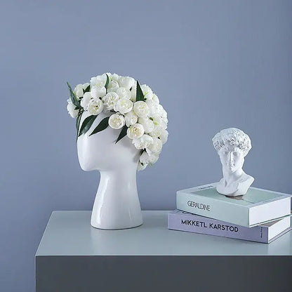 Nordic white human head ceramic vase with white flowers and green leaves decorbites human head living room decor