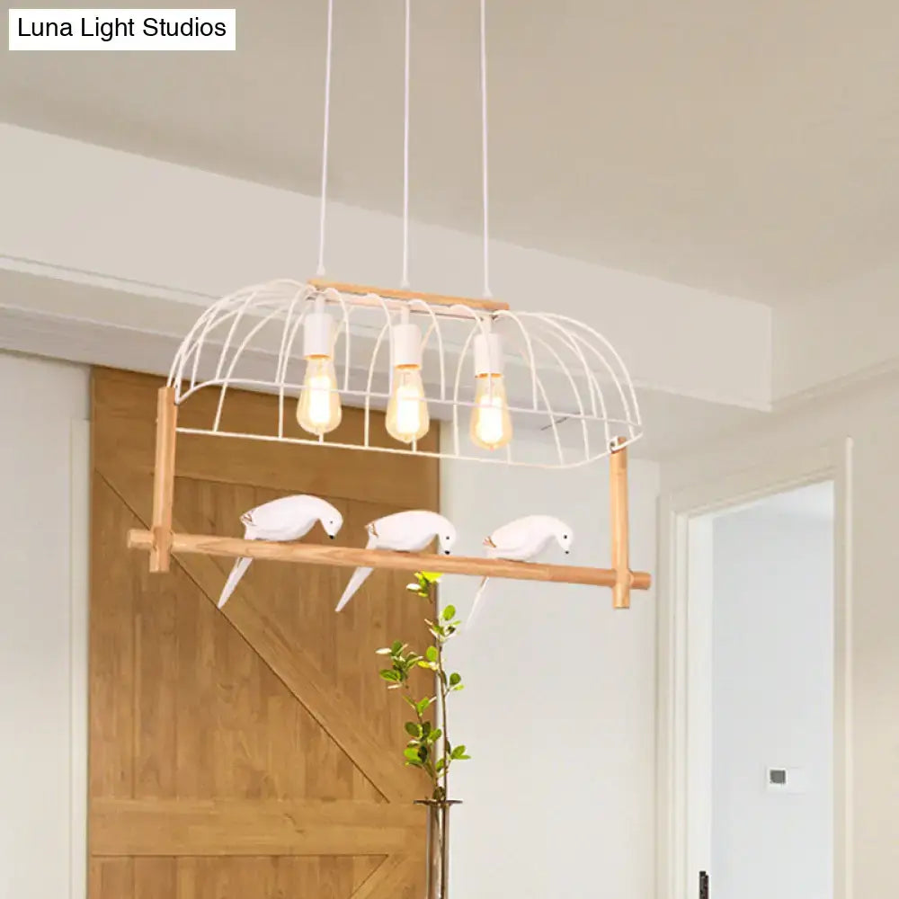 Decorbites™ nordic style island pendant with white iron cage, wooden frame, three bulbs, fixture height and width visible