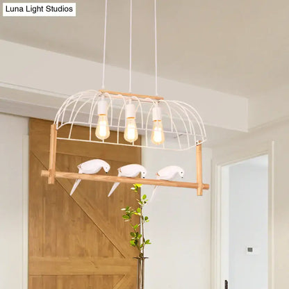 Decorbites™ nordic style island pendant with white iron cage, wooden frame, three bulbs, fixture height and width visible