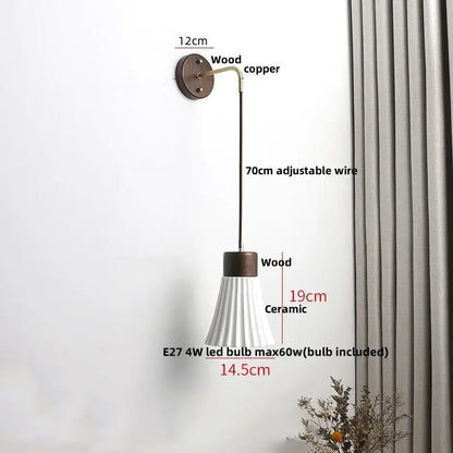 Minimalist nordic white ribbed ceramic wood wall sconce with dark wood copper bracket and adjustable 70cm wire decorbites ceramic wood