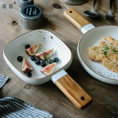 Nordic white speckled ceramic wood handle bowl with gold rim and decorbites ceramic wood handle for dining tableware
