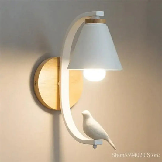Nordic wood and ceramic white birdie wall lamp with curved wall sconce and white lampshade for bedroom lighting