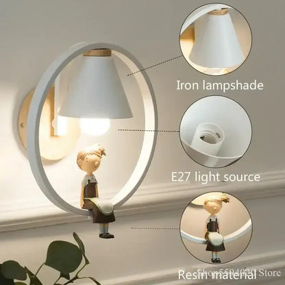 White iron birdie wall lamp with circular frame wooden accent and e27 light source for bedroom lighting