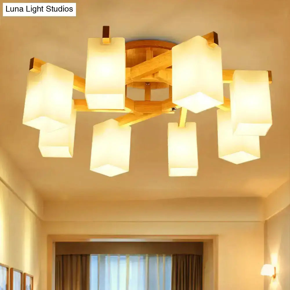 Nordic wood ceiling lamp with warm-toned cuboid cream glass shades for living room lighting