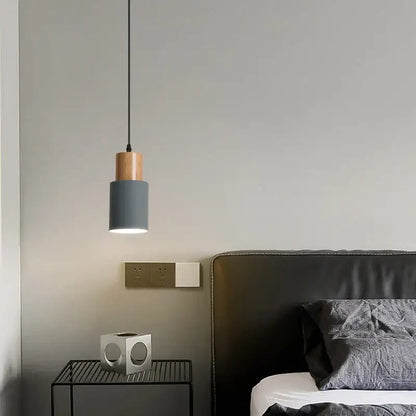 Nordic wood and metal single pendant light with gray cylindrical metal shade and solid wood top for kitchen or dining room