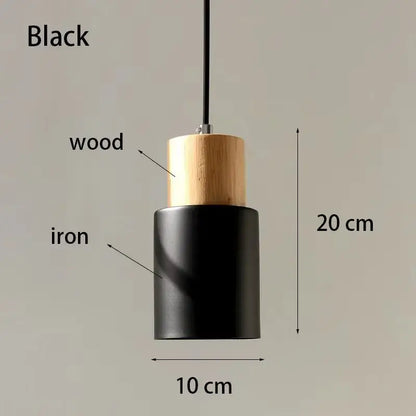 Black iron pendant light with natural solid wood top featuring a nordic design for kitchen or dining room use