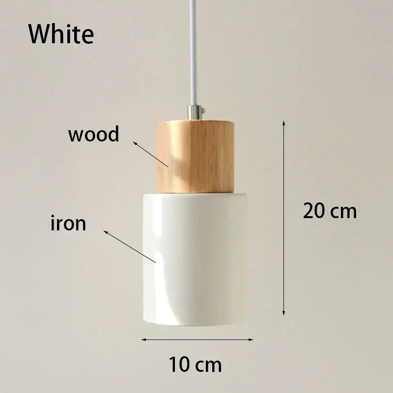 Nordic wood and metal single pendant light with a white iron body and solid wood top for kitchen or dining room