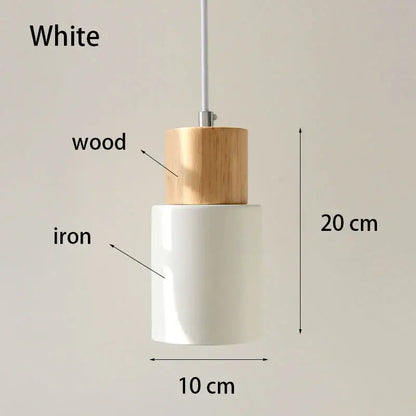 Nordic wood and metal single pendant light with a white iron body and solid wood top for kitchen or dining room