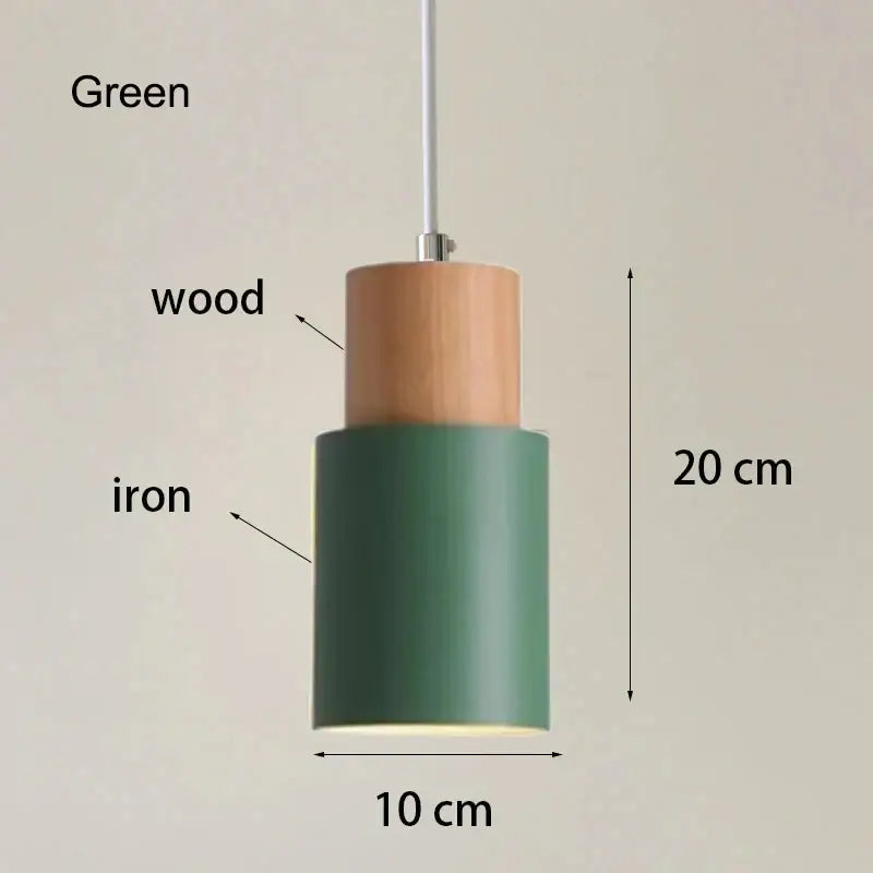Nordic wood and metal single pendant light with solid wood top and matte green iron shade for kitchen or dining room