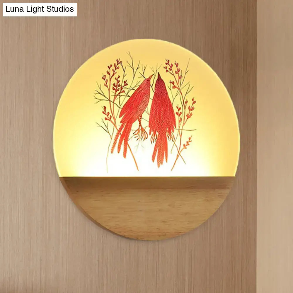 Nordic wood bird acrylic wall lamp with warm yellow glow and intricate red bird design on translucent material wall fixture