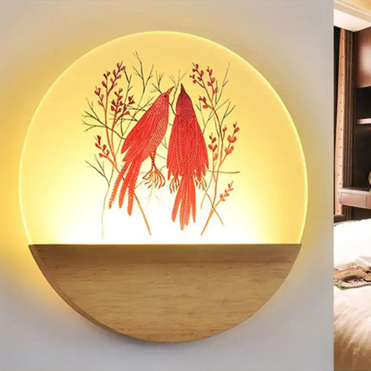 Nordic wood bird acrylic wall lamp with warm yellow glow, red bird design, and natural wood base wall lamp fixture type
