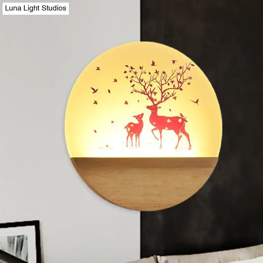 Nordic wood bird acrylic wall lamp with warm yellow glow featuring red deer bird silhouettes for bedroom fixture