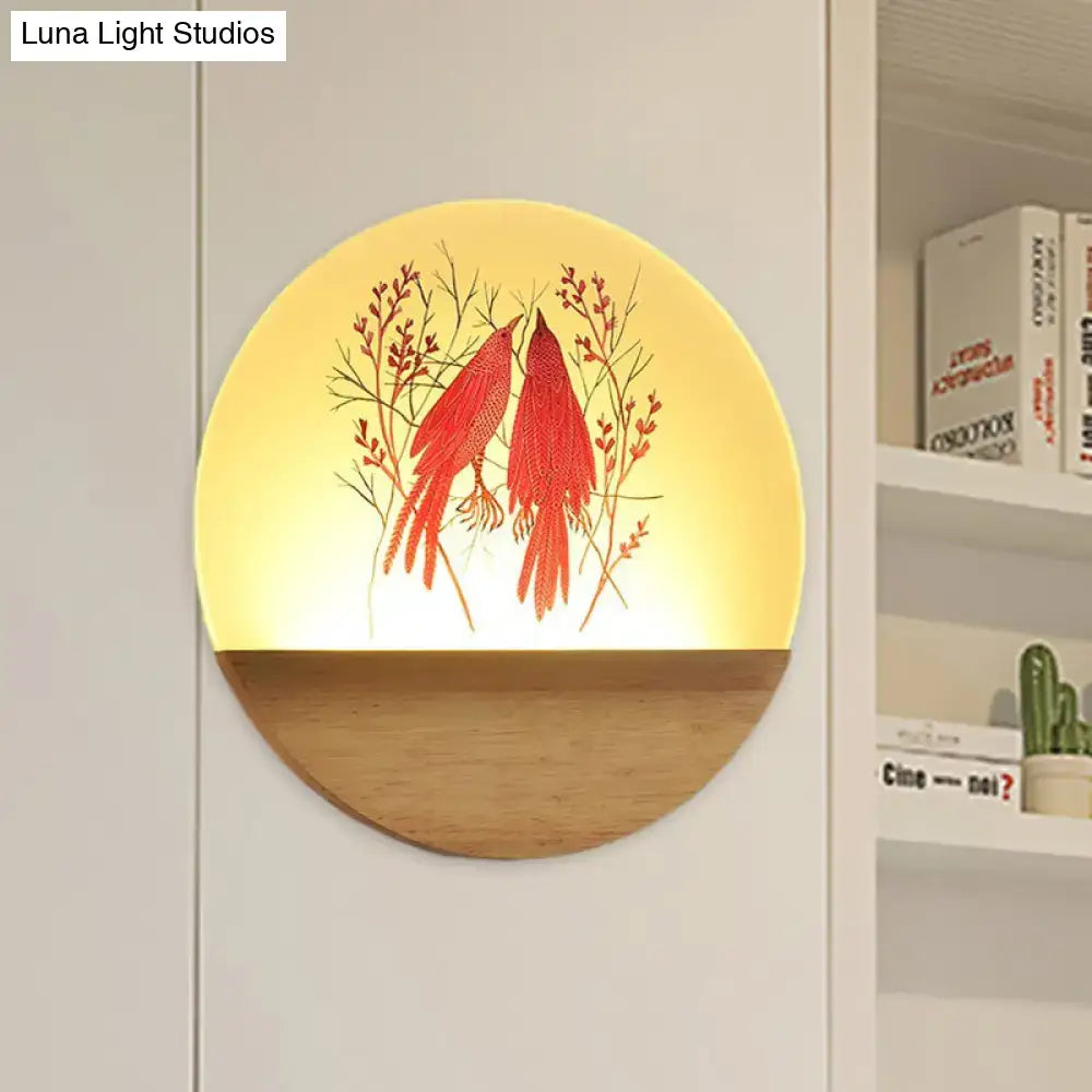 Nordic wood bird acrylic wall lamp with warm yellow glow red bird design on translucent surface and natural wood base fixture