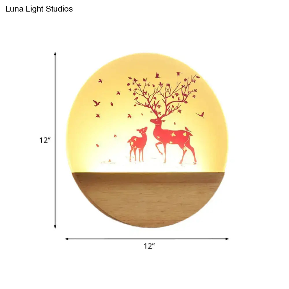 Nordic wood bird acrylic wall lamp circular led night light with warm yellow glow and red deer bird silhouettes