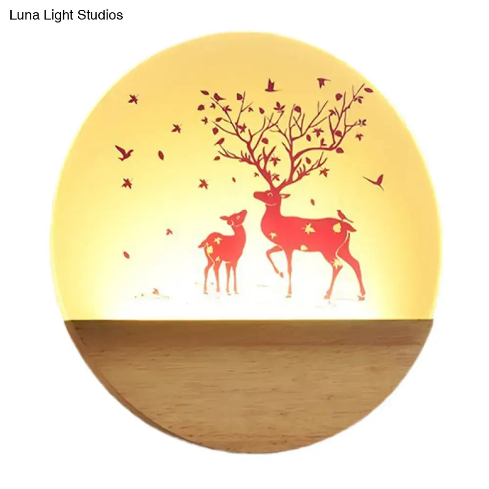 Nordic wood bird acrylic wall lamp with warm yellow light featuring red deer bird silhouette and wooden base fixture type