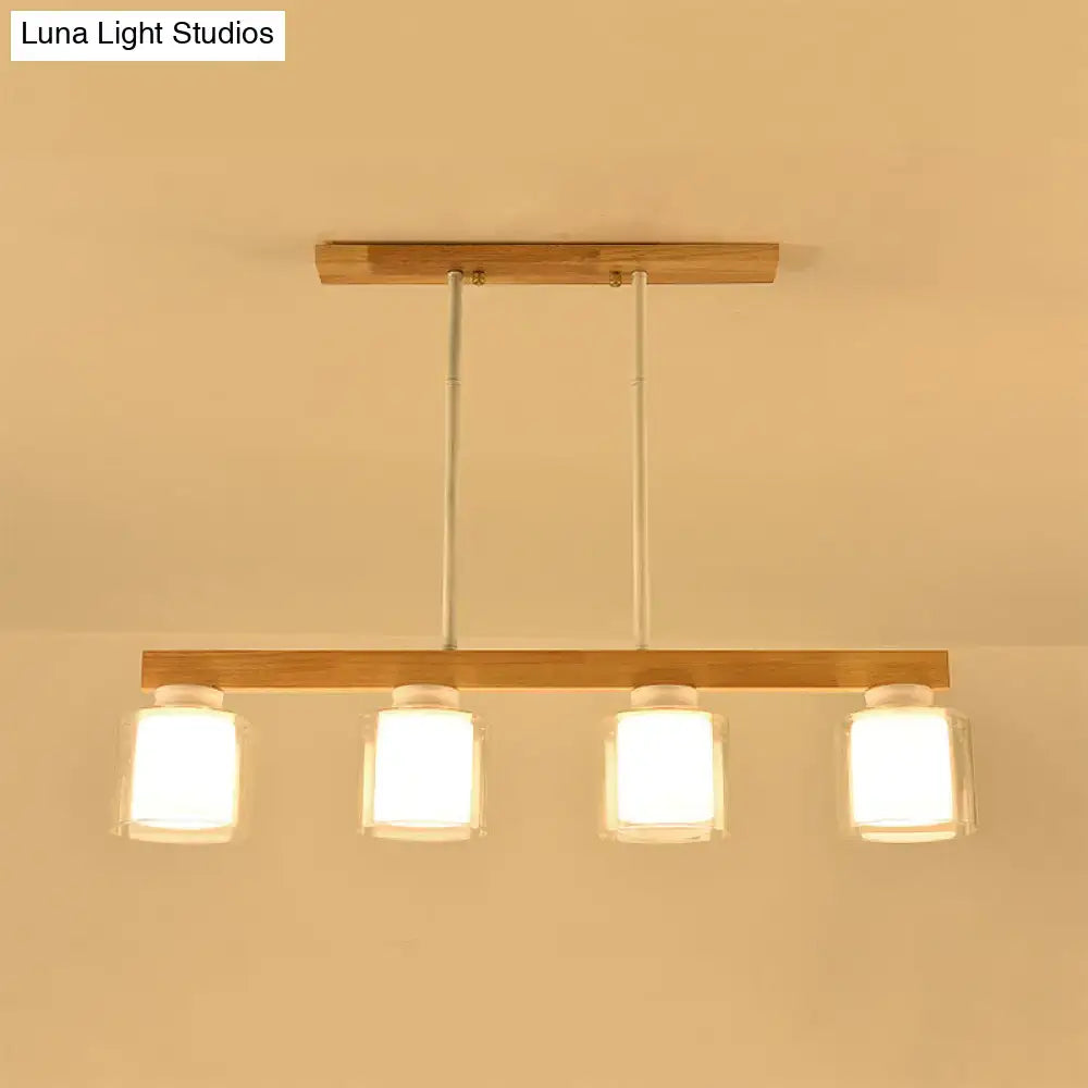 DecorBites™ nordic wooden linear pendant with natural wood frame and frosted glass shades for restaurant island lighting