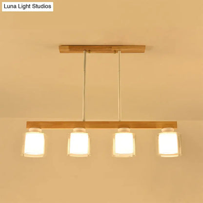 DecorBites™ nordic wooden linear pendant with natural wood frame and frosted glass shades for restaurant island lighting