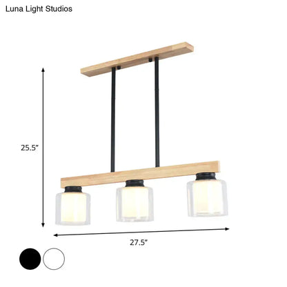 DecorBites™ nordic wooden linear pendant light with natural wood frame black metal rods and three clear glass shades