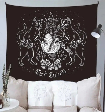 Black cat coven tapestry with white line-art of three cats around cauldron for mysterious bedroom wall art