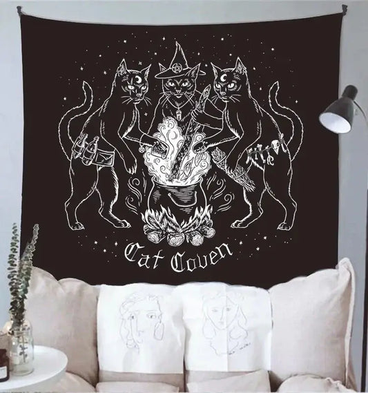 Black cat coven tapestry featuring white line-art of three cats around a cauldron for mysterious bedroom wall art